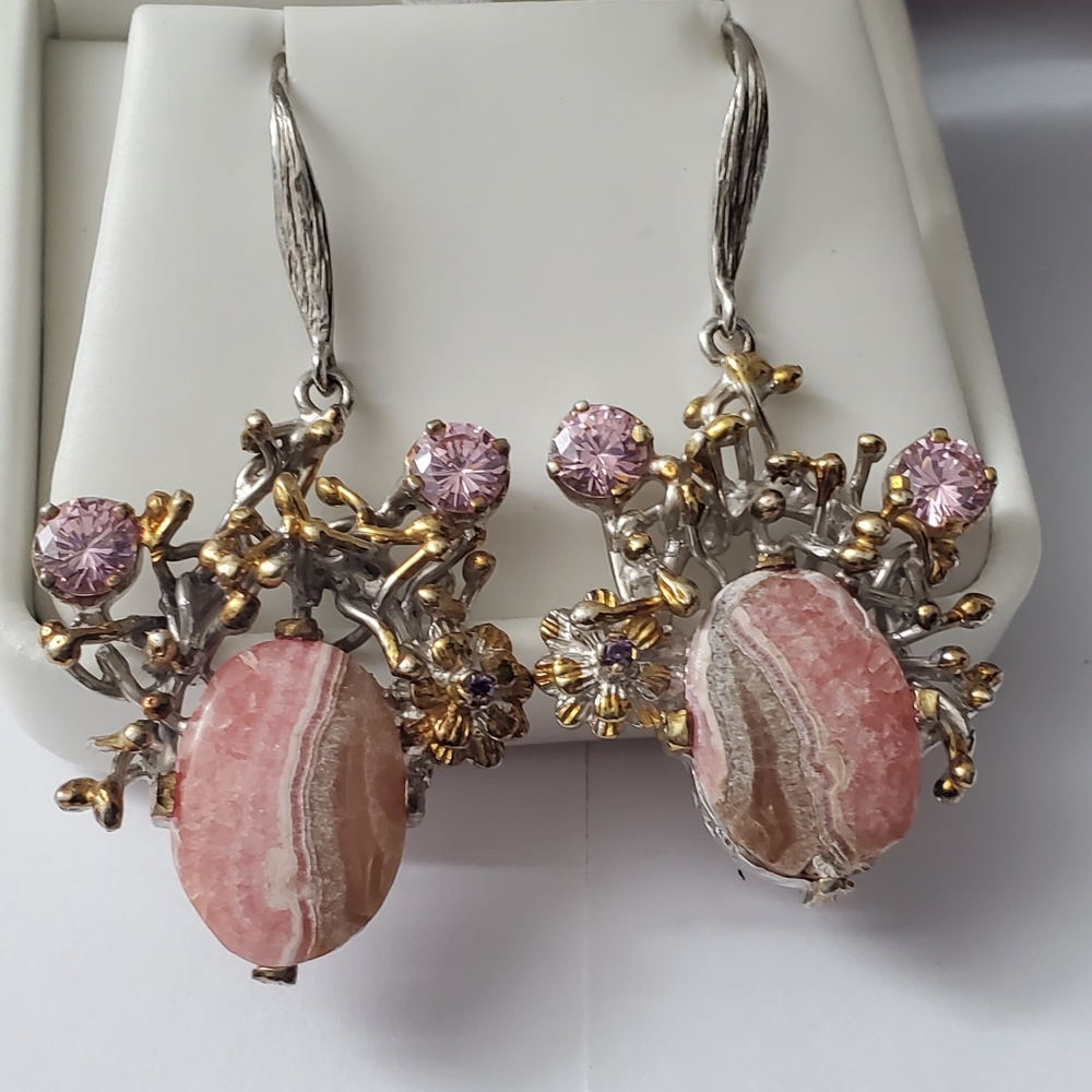 Sterling Silver 925 Rodocrosite & Pink Sapphire Art Deco Earrings